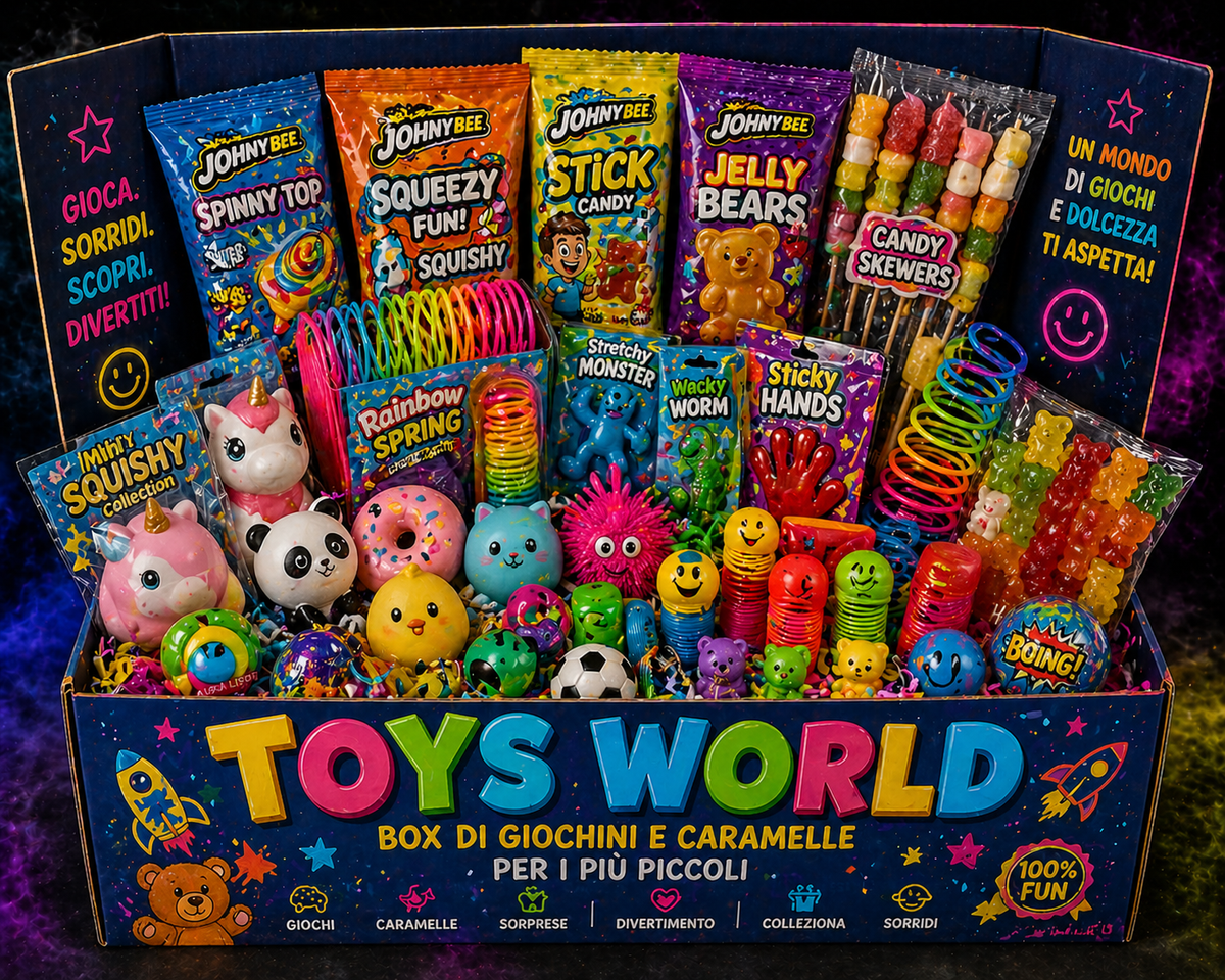 TOYS WORLD BOX - Misto di Giochini Colorati con Caramelle e Gommosi!